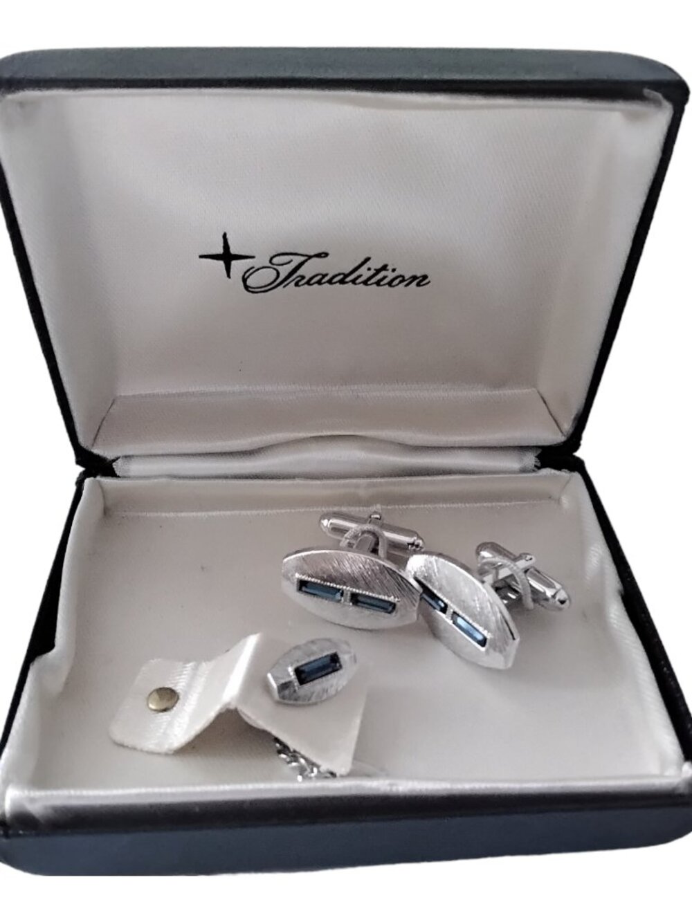 Vintage "Tradition" Cuff Links & Tie Tack Set in Original Case - Silver & Blue